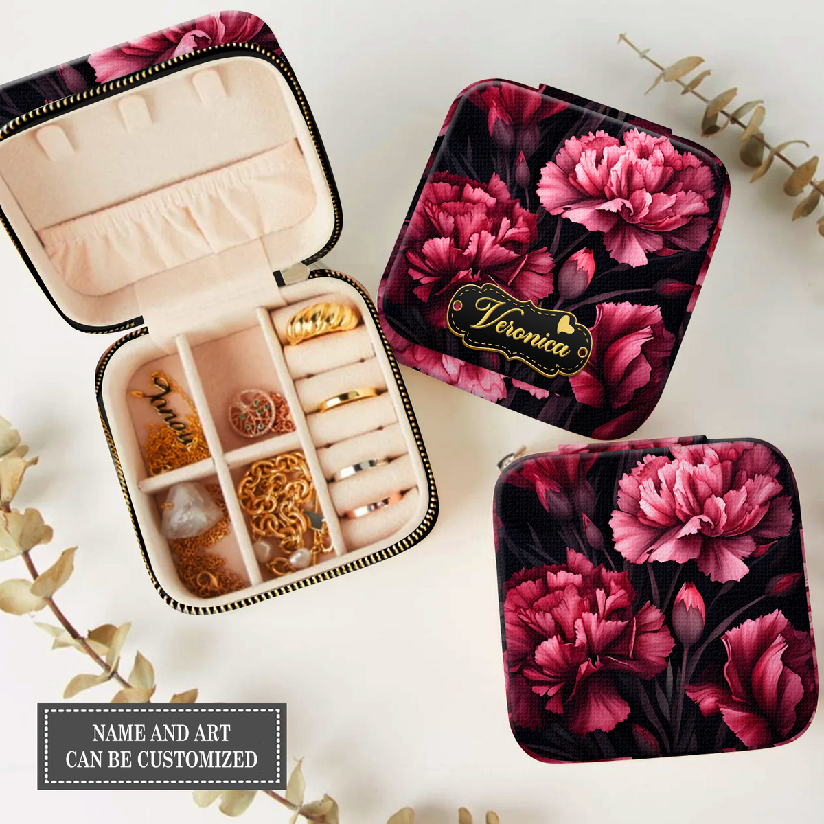 Personalized jewelry box with birth month flowers and name, gift to yourself, mother, daughter, sister.