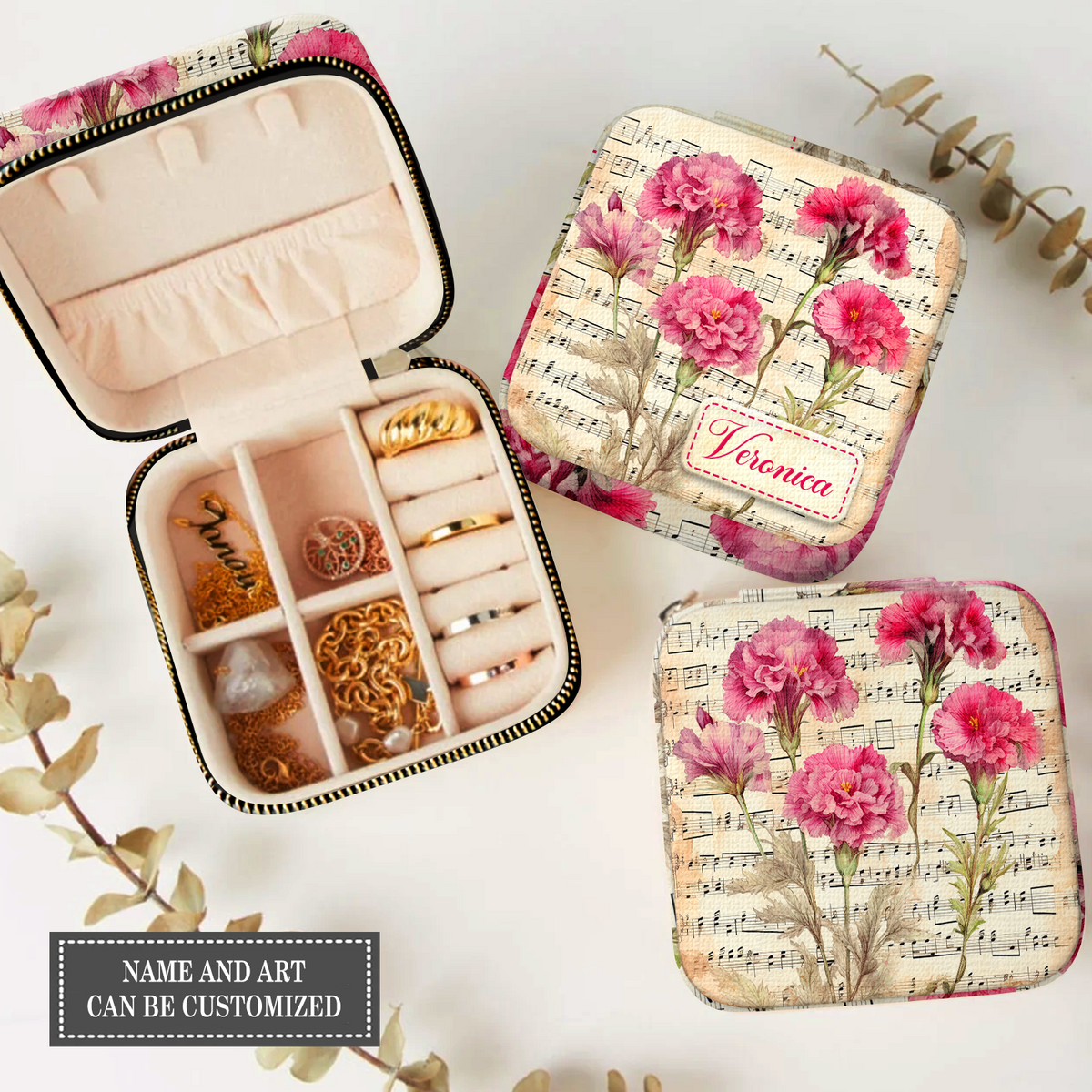 Personalized jewelry box with birth month flowers and name, gift to yourself, mother, daughter, sister.