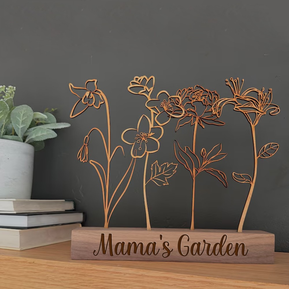 Wooden Birthday Flower Garden with Grandchildren Birth Month Bouquet, Mother's Day Gift