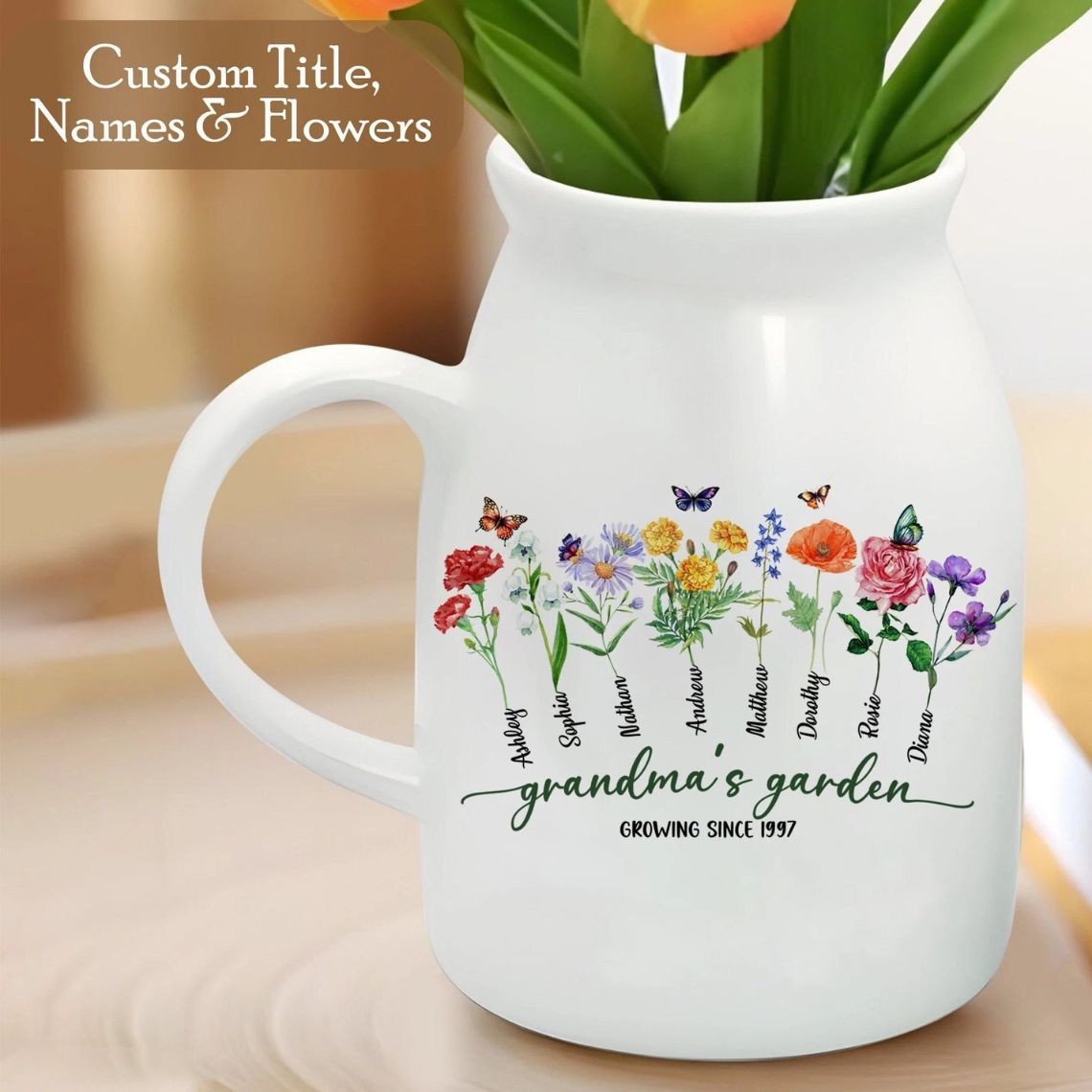 Custom Grandmas Garden Flower Vase, Personalized Birth Month Flower Vase with Grandkids Names, Mothers Day Gift for Gigi, Grammy, Mom, Nana