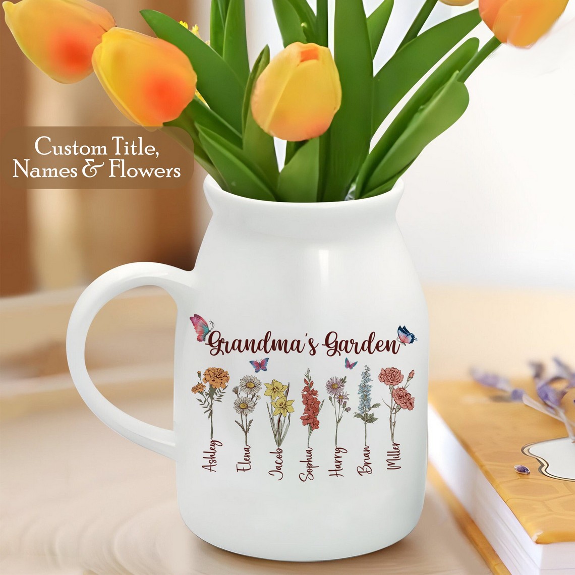 Custom Grandmas Garden Flower Vase, Personalized Birth Month Flower Vase with Grandkids Names, Mothers Day Gift for Gigi, Grammy, Mom, Nana