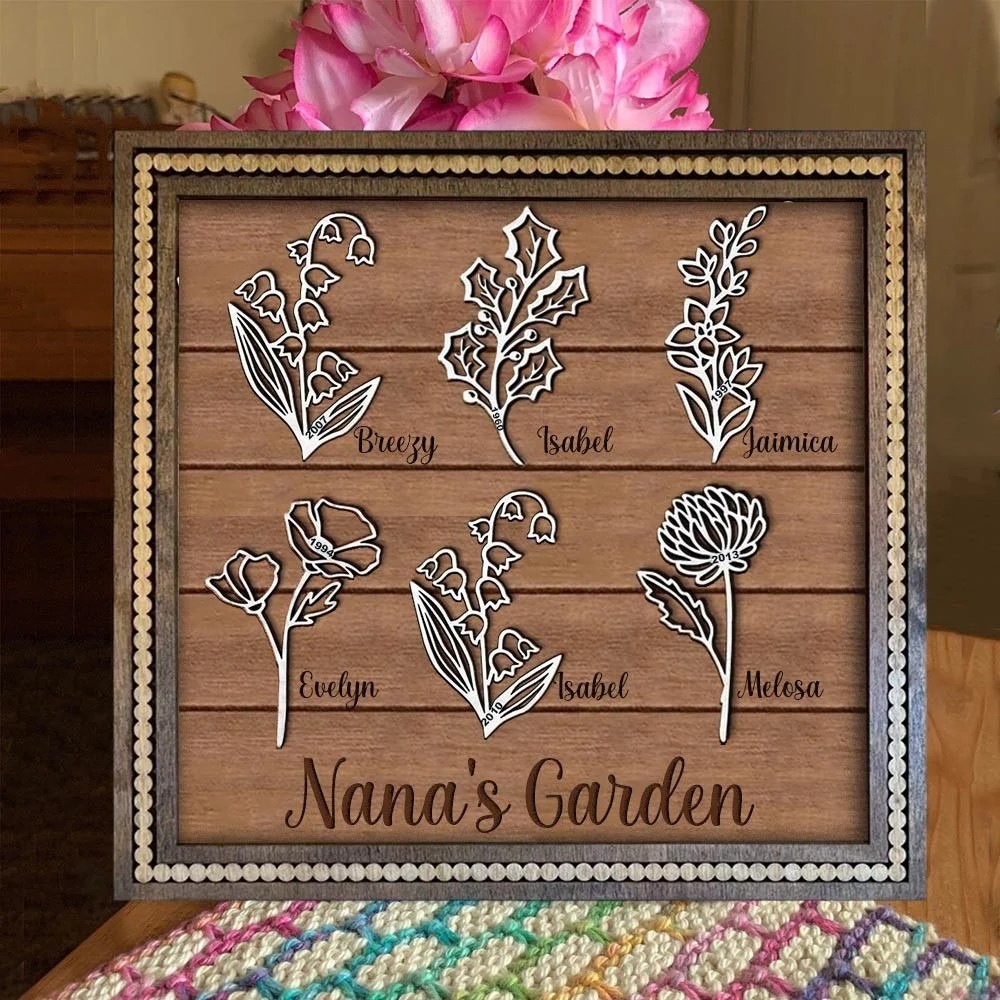 Personalized Grandma's Garden Birth Month Flower Frame Wood Sign, Gifts For Mother's Day