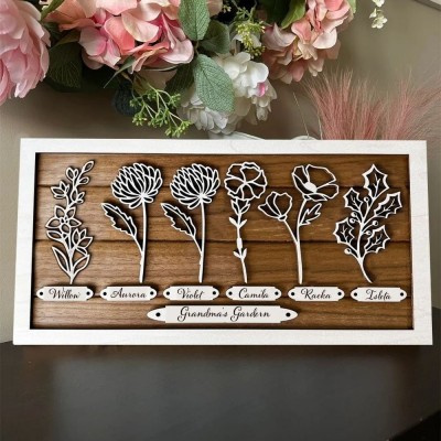 Personalized Grandma's Garden Birth Month Flower Frame Wood Sign, Gifts For Mother's Day