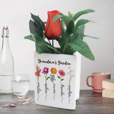 Personalized Birth Month Flower Book Vase with Grandkids Names, Mothers Day Gift