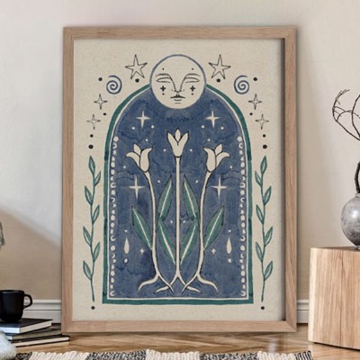 Spiritual Art Print Moon Phase Illustration Boho Gift Idea Blue Folk Flower 