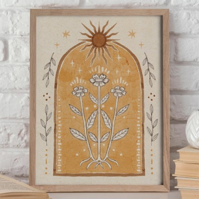 Sun Art Poster Folk Illustration Print Sunflowers Spiritual Mystical Artwork Floral.