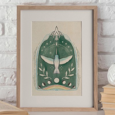 Hummingbird Poster Mystical Room Decor Moon Illustration Magic Wall Art Green Floral Boho Artwork.